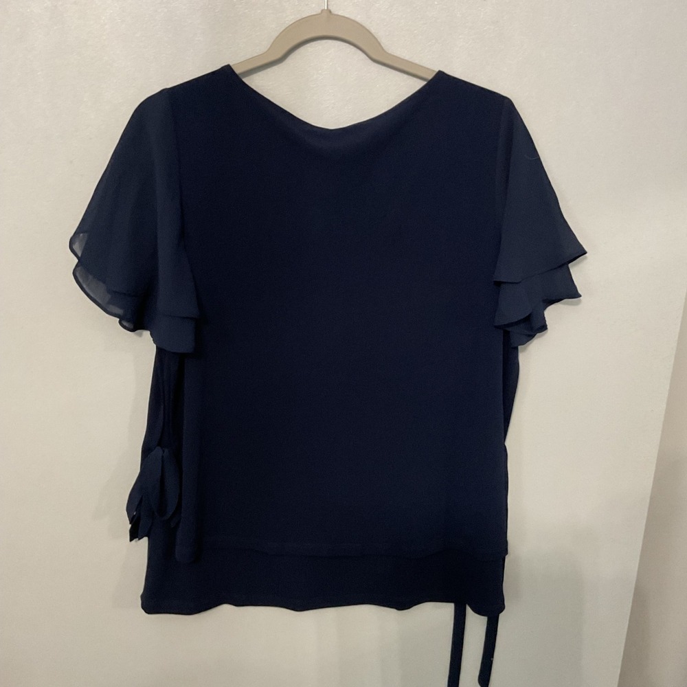 Susan Graver Womens Navy Blue Ruffle Sleeve Tie Waist Blouse Size S - Picture 2 of 5